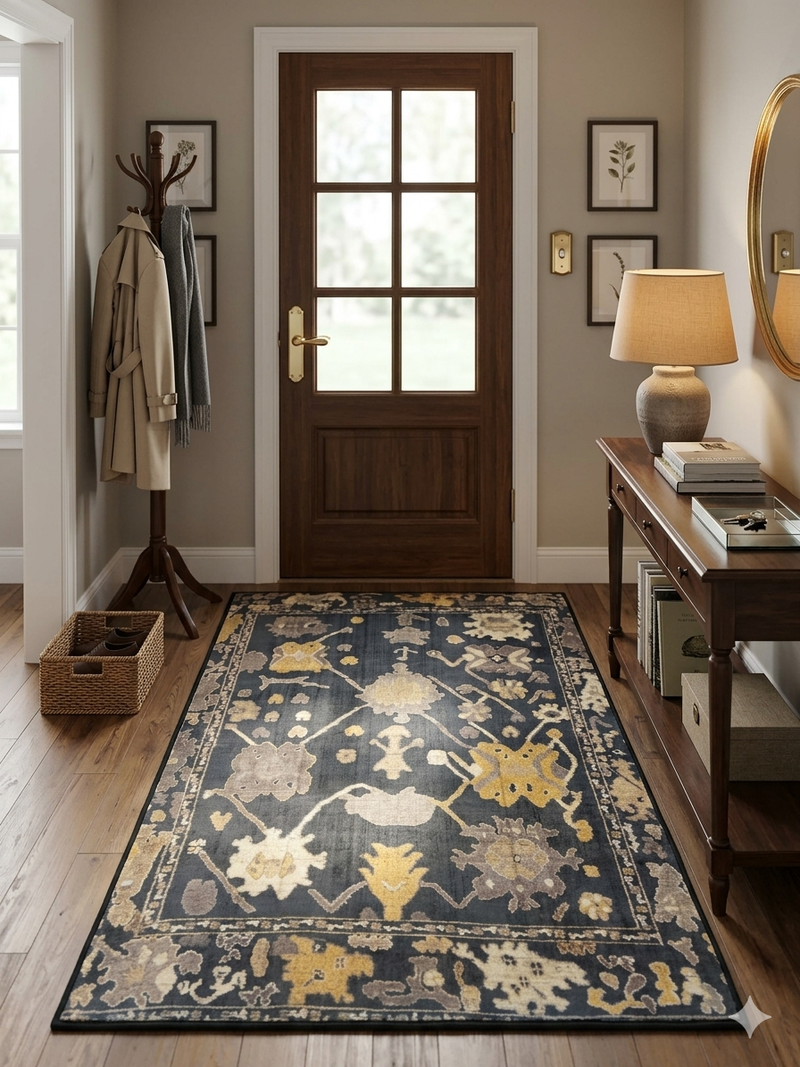 3' x 5' Rectangular Navy Gold Floral Traditional Area Rug
