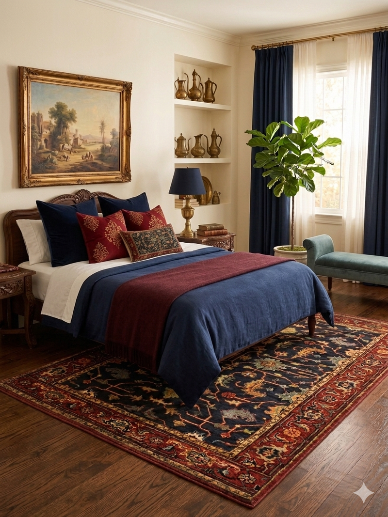 5' x 7' Rectangular Navy Red Floral Traditional Area Rug