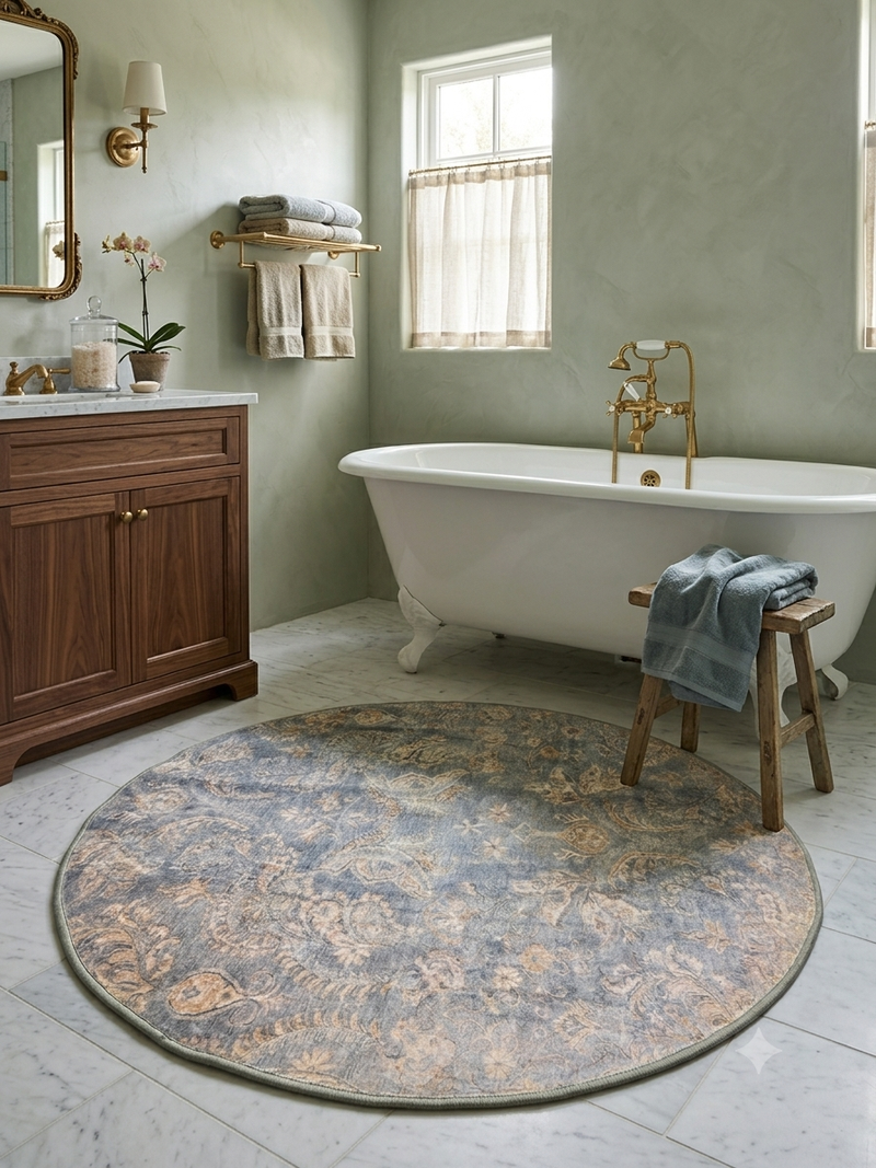 4' Round Light Blue Ivory Distressed Floral Traditional Area Rug