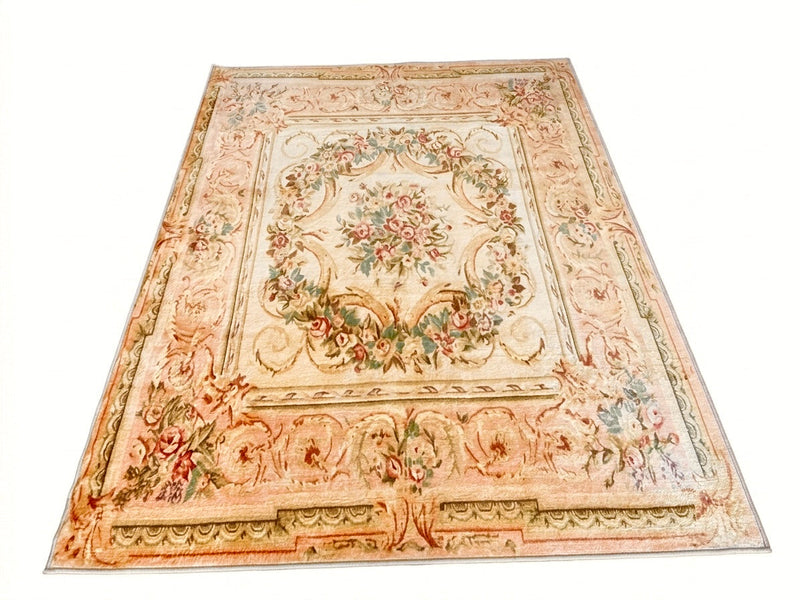 5' x 7' Rectangular Ivory Pink Floral Aubusson Traditional Area Rug