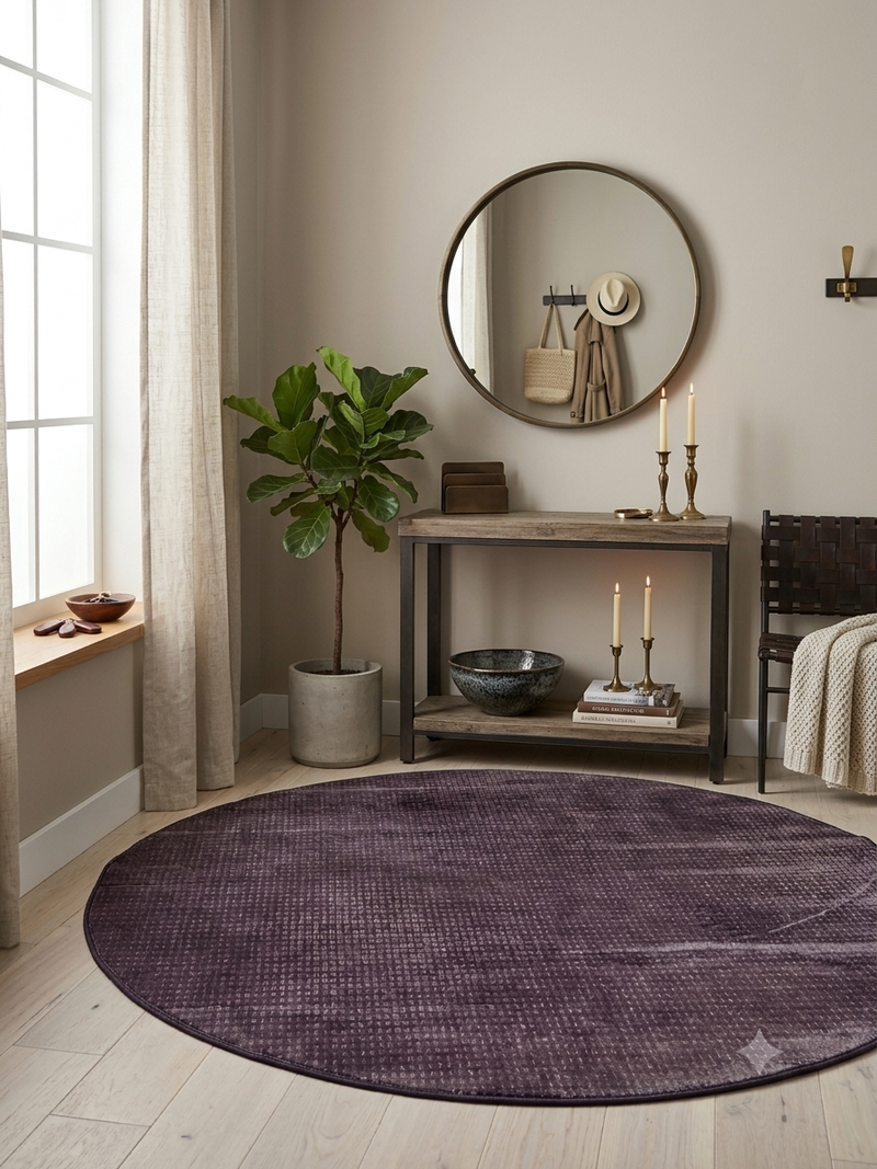 5' Round Purple Plum Solid Textured Contemporary Area Rug