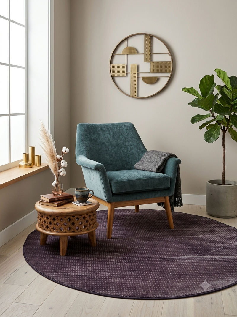 5' Round Purple Plum Solid Textured Contemporary Area Rug