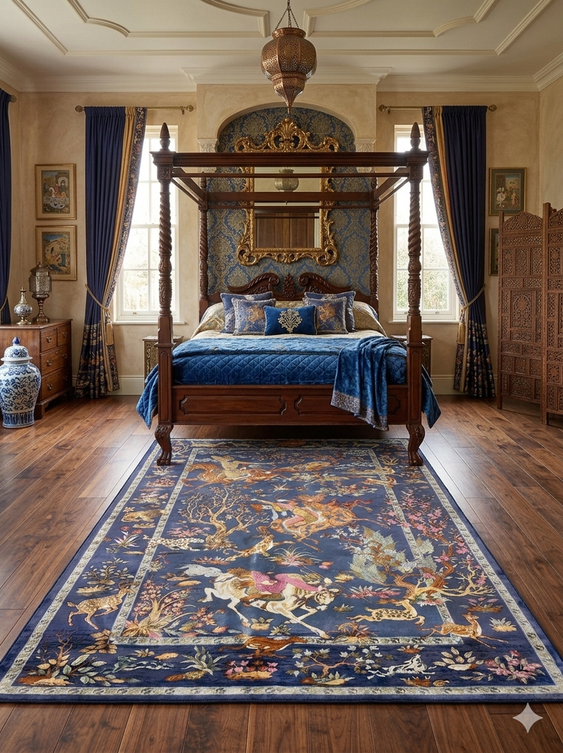 8' x 12' Rectangular Navy Multicolor Pictorial Animal Traditional Area Rug