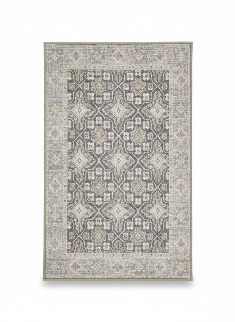 Rectangular 2' x 3' area rug featuring a subtle geometric medallion pattern in soft gray, beige, and ivory tones with a lightly distressed transitional design.