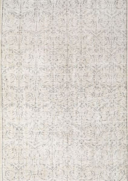 Rectangular accent rug featuring a subtle distressed Persian floral pattern in pale silver gray with soft ivory and beige detailing.