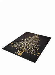 Rectangular black holiday area rug featuring an elegant gold Christmas tree design with swirling branches and star accents, creating a festive seasonal look.