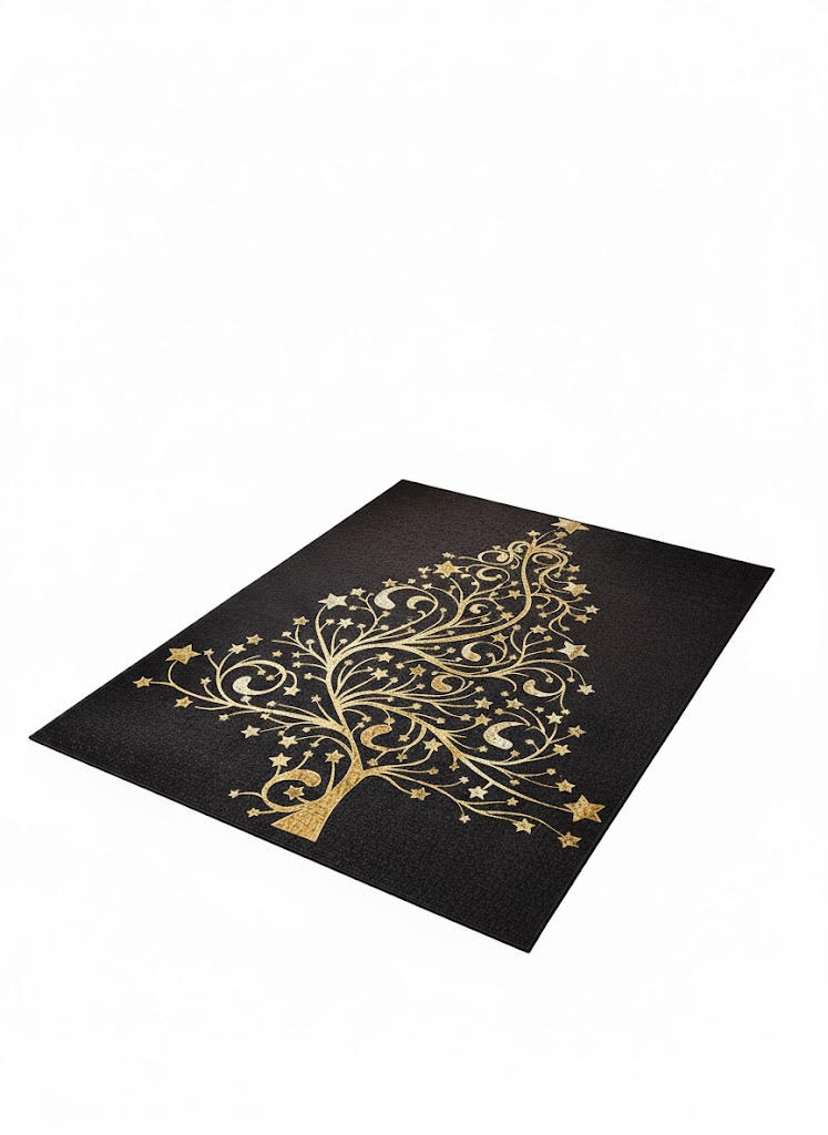 Rectangular black holiday area rug featuring an elegant gold Christmas tree design with swirling branches and star accents, creating a festive seasonal look.