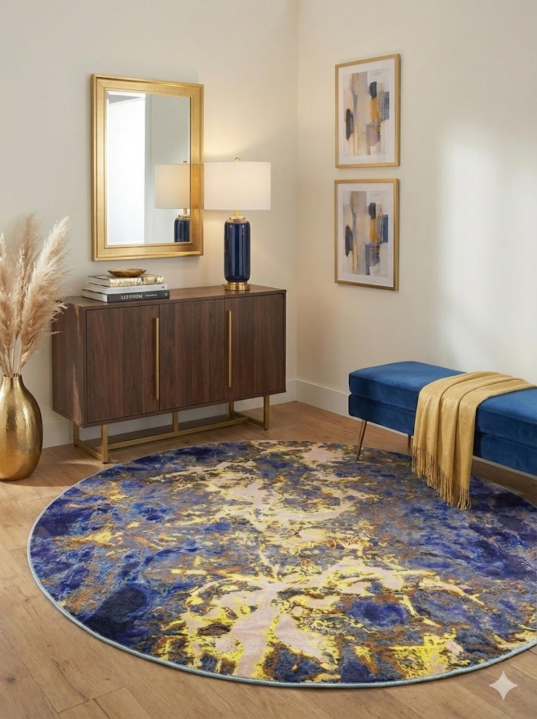 Round navy blue, gold, and cream abstract area rug styled in an entryway with a wooden console table, gold mirror, and blue bench.