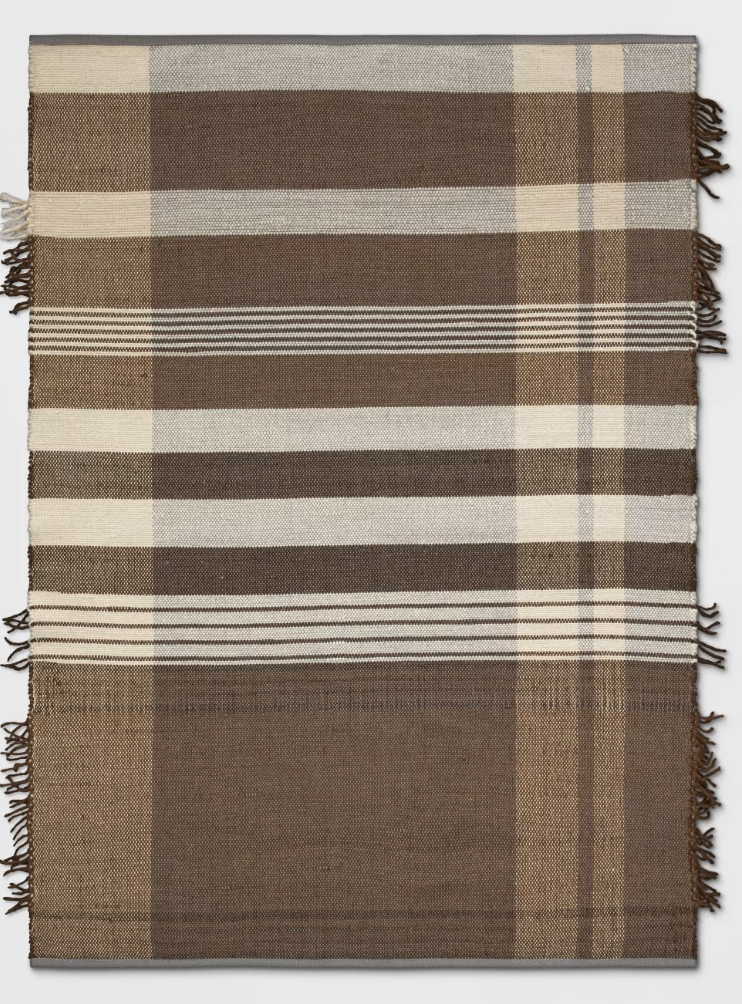 5'X7' Brown Plaid Fringe Cognac Hand Made Rug