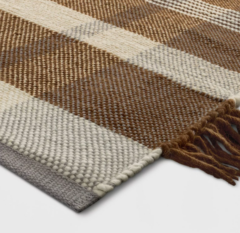 5'X7' Brown Plaid Fringe Cognac Hand Made Rug