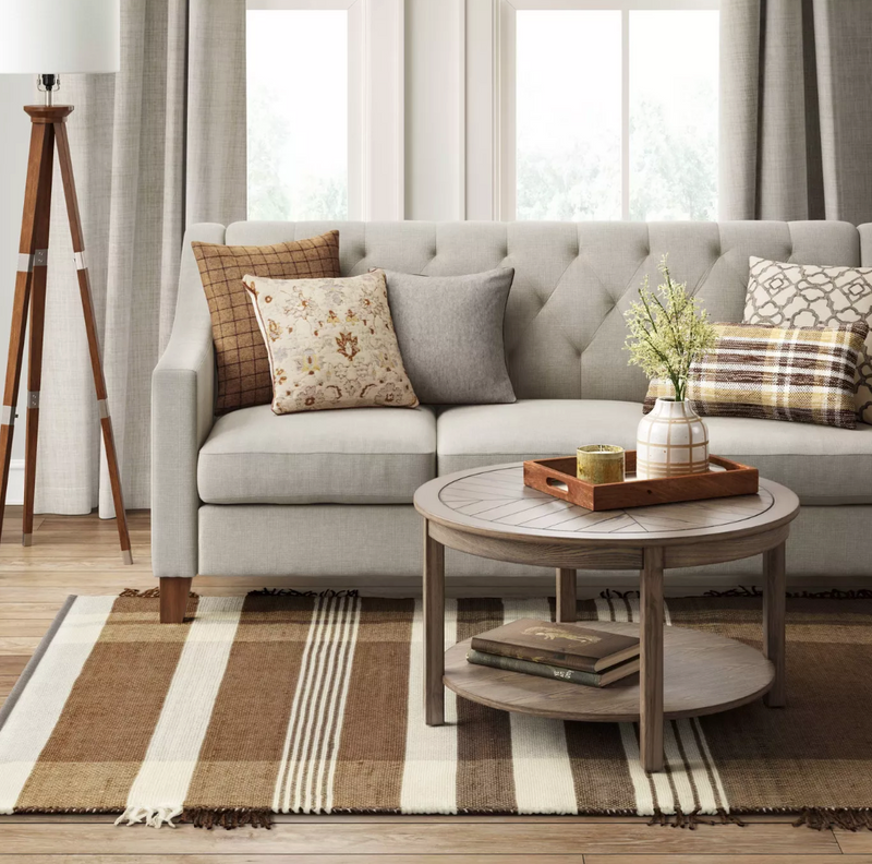 5'X7' Brown Plaid Fringe Cognac Hand Made Rug