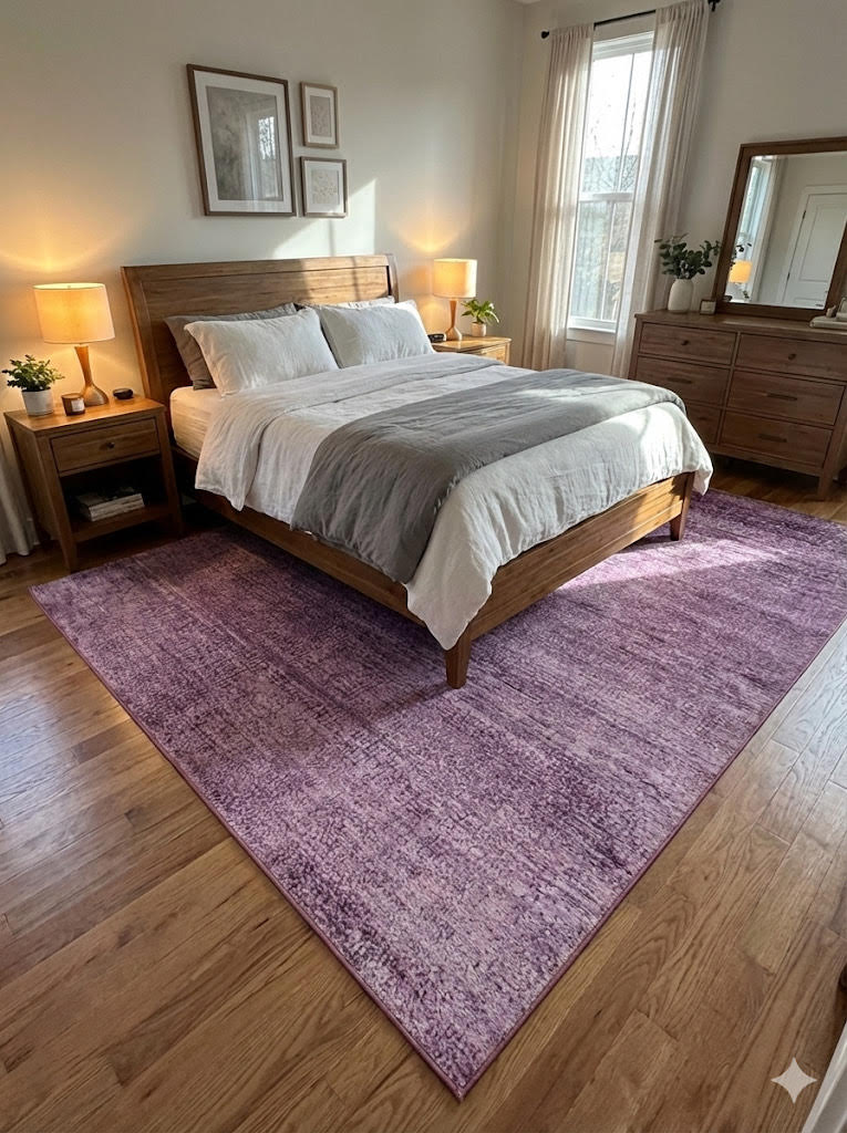 Soft purple distressed contemporary rug placed under a wooden bed in a cozy bedroom with neutral bedding and warm lighting.