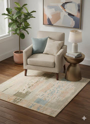 Square beige ikat abstract rug placed under an accent chair and side table in a cozy living room corner with neutral decor.
