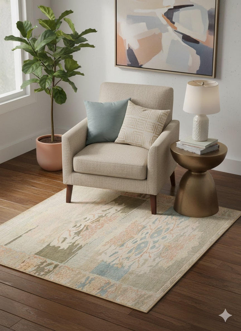 Square beige ikat abstract rug placed under an accent chair and side table in a cozy living room corner with neutral decor.
