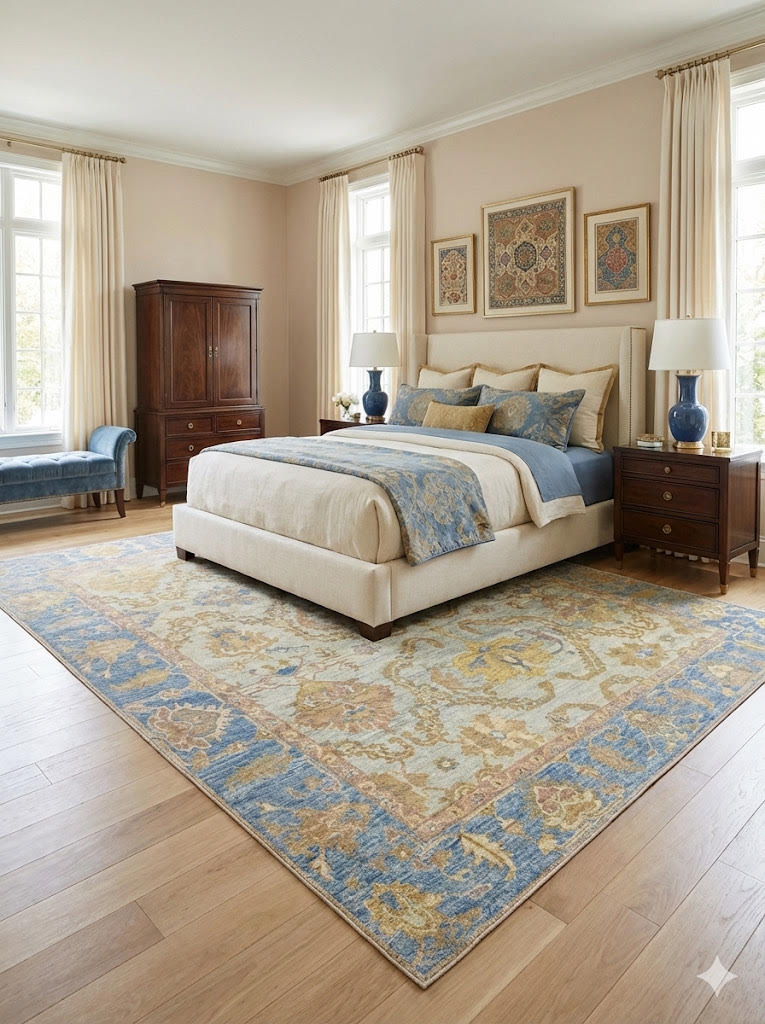 8' x 8' Square Blue Beige Traditional Washable Non Slip Backing Area Rug