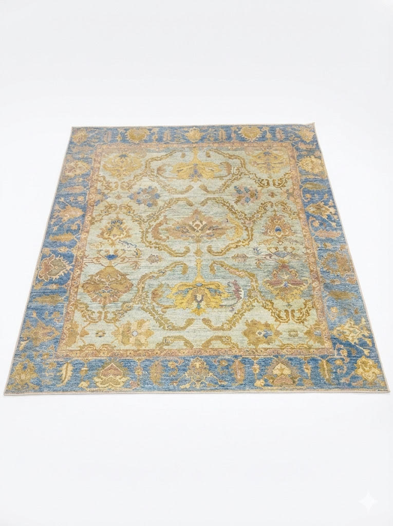 8' x 8' Square Blue Beige Traditional Washable Non Slip Backing Area Rug