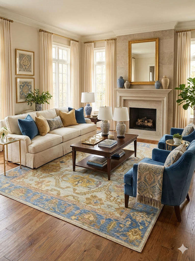 8' x 8' Square Blue Beige Traditional Washable Non Slip Backing Area Rug