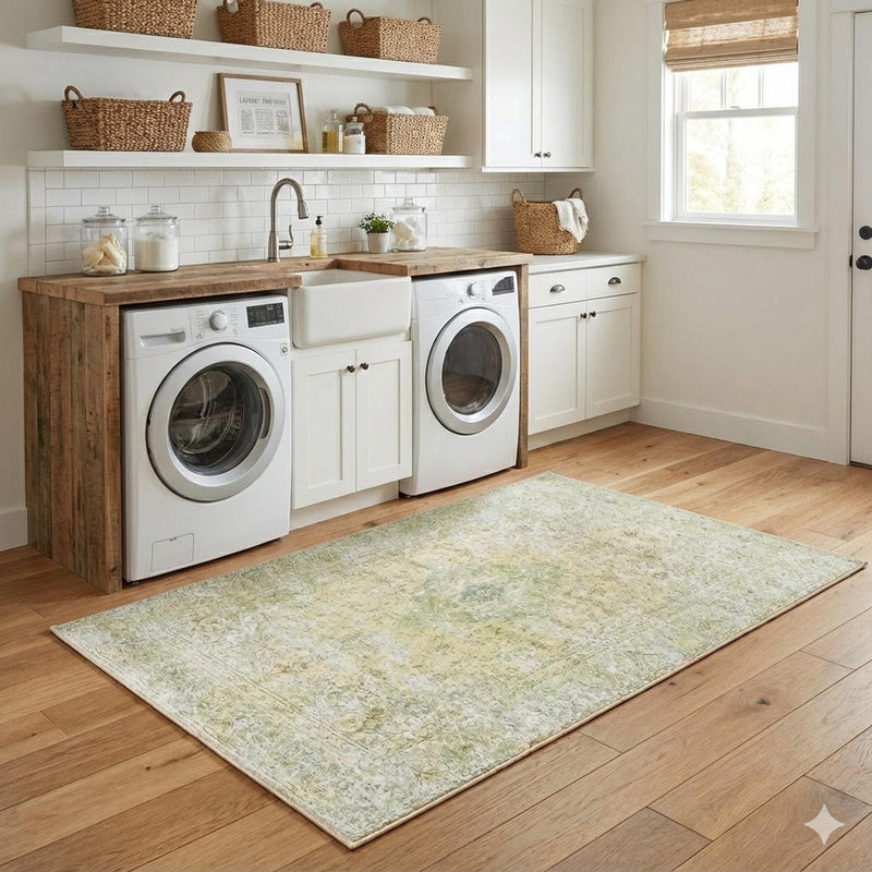 4' x 6' Green Distressed Washable Non-Slip Backing Area Rug