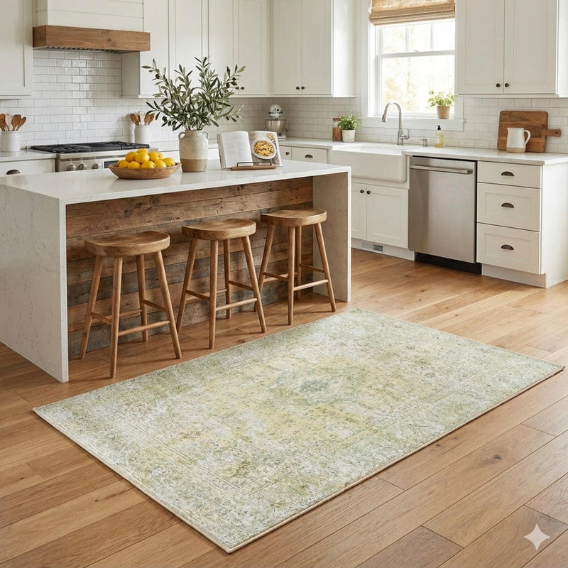 4' x 6' Green Distressed Washable Non-Slip Backing Area Rug