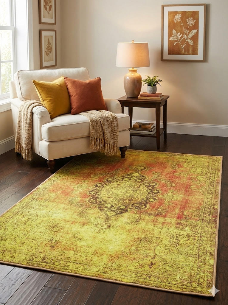 4' x 6' Green Yellow Distressed Washable Non Slip Backing Area Rug