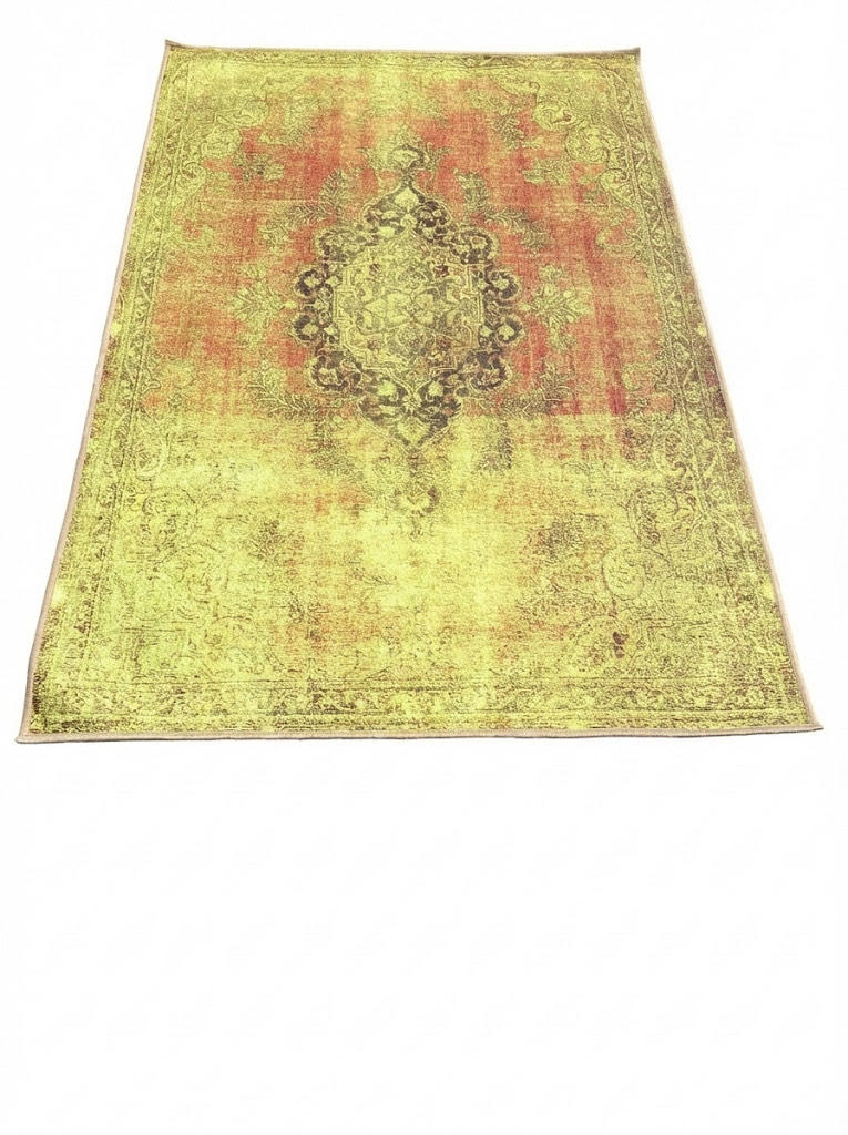 4' x 6' Green Yellow Distressed Washable Non Slip Backing Area Rug
