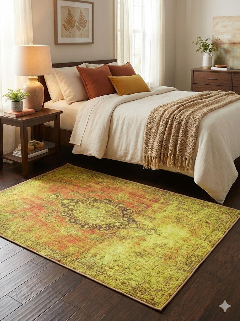 4' x 6' Green Yellow Distressed Washable Non Slip Backing Area Rug