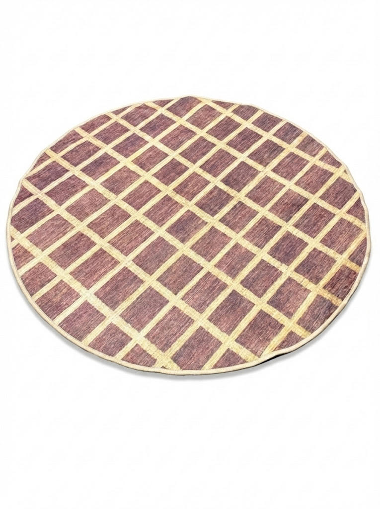 4' Round Burgundy Beige Checkered Washable Non-Slip Backing Area Rug