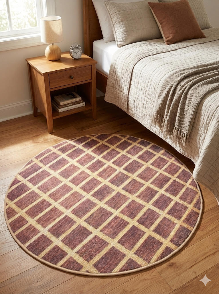 4' Round Burgundy Beige Checkered Washable Non-Slip Backing Area Rug
