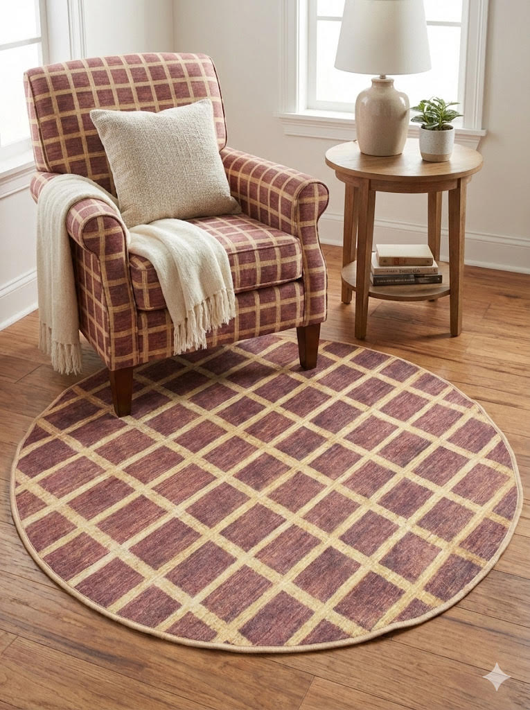 4' Round Burgundy Beige Checkered Washable Non-Slip Backing Area Rug