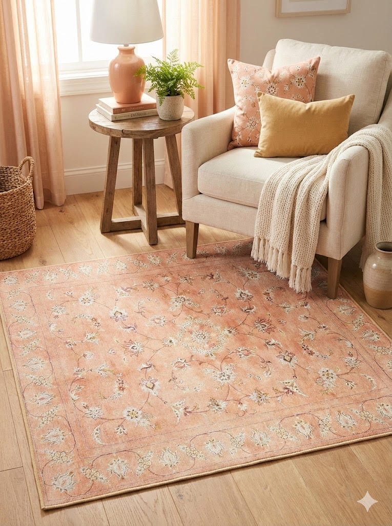 4' x 4' Square Pink Floral Washable Non-Slip Backing Area Rug