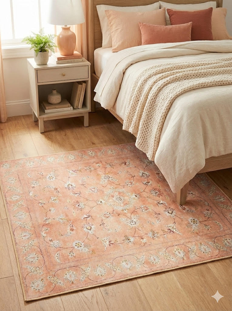 4' x 4' Square Pink Floral Washable Non-Slip Backing Area Rug