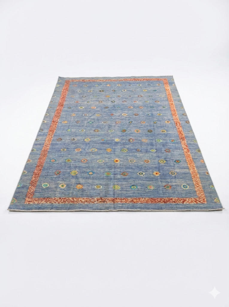 7' x 9' Blue Orange Traditional Vintage Persian Style Washable Non Slip Backing Area Rug