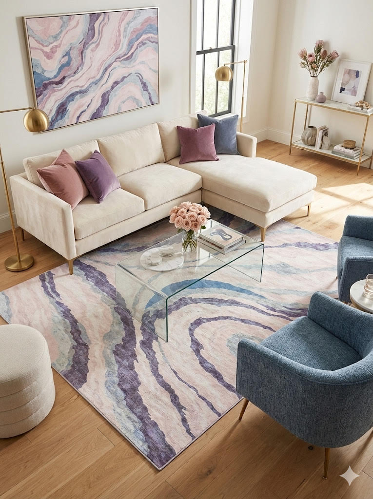 6' x 9' Ivory Purple Multicolor Abstract Modern Washable Non Slip Backing Area Rug