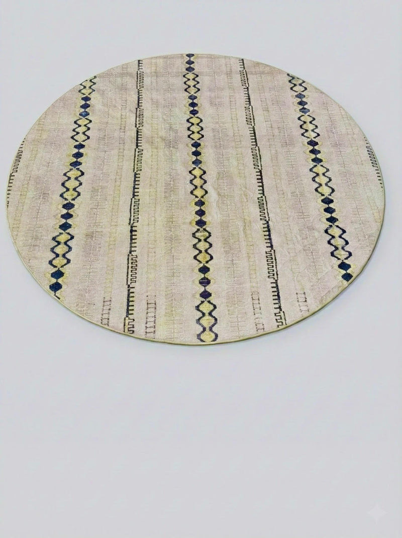 6' Round Beige Cream Geometric Modern Washable Non Slip Backing Area Rug