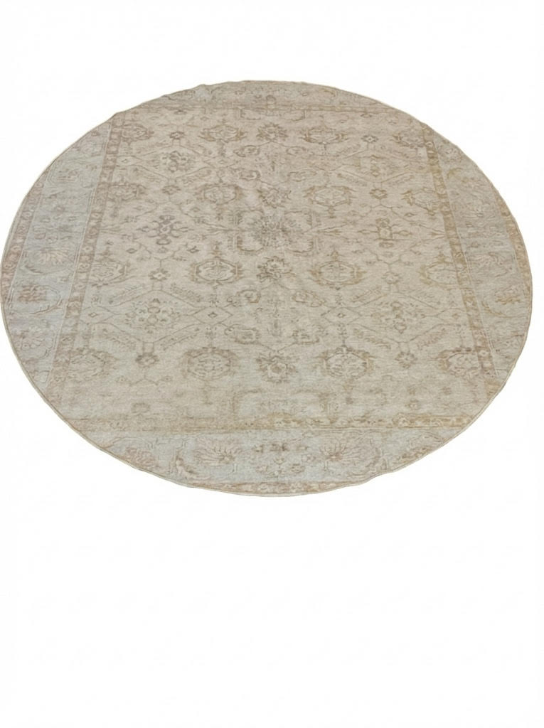 7' Round Beige Cream Floral Traditional Vintage Washable Non Slip Backing Area Rug