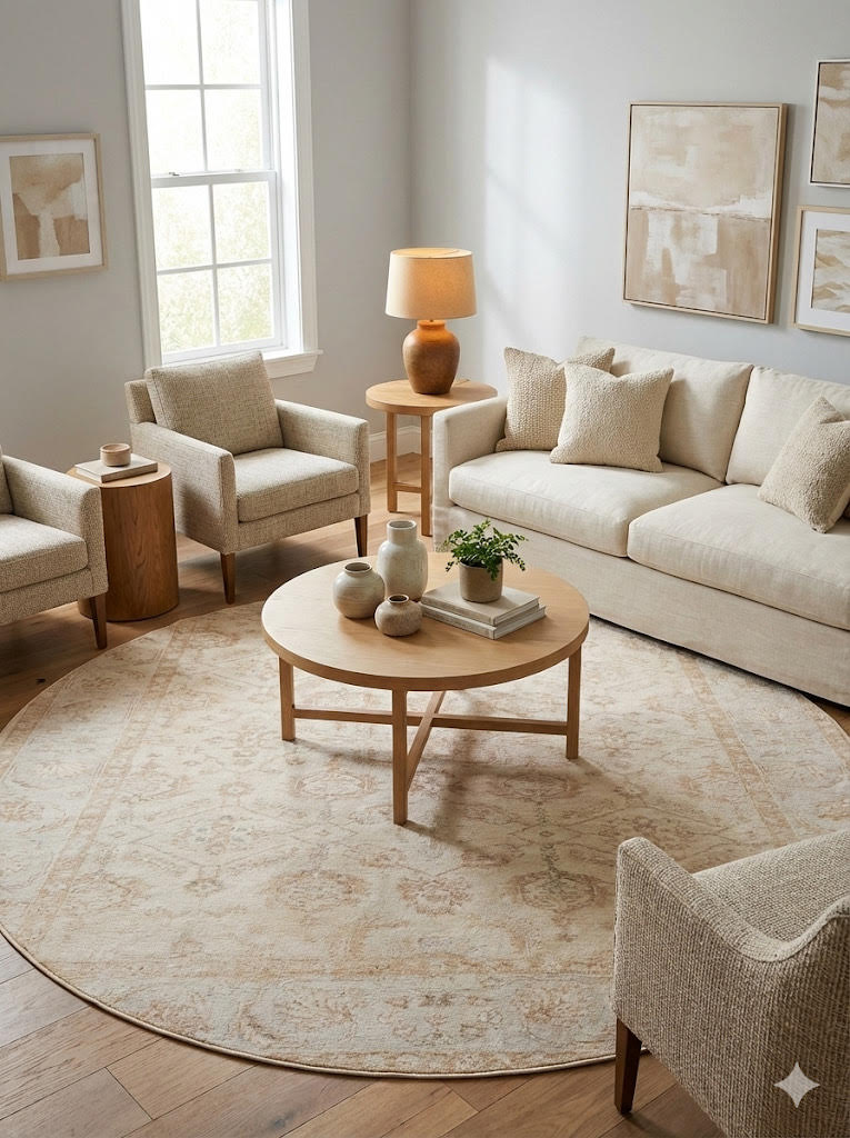 7' Round Beige Cream Floral Traditional Vintage Washable Non Slip Backing Area Rug