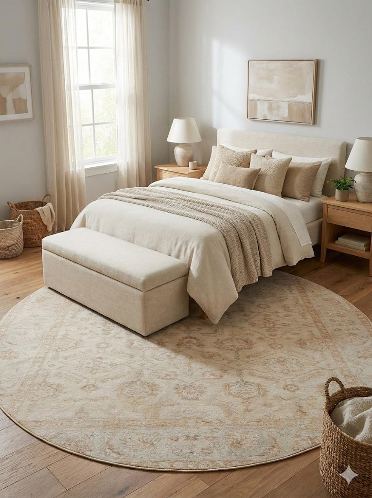 7' Round Beige Cream Floral Traditional Vintage Washable Non Slip Backing Area Rug