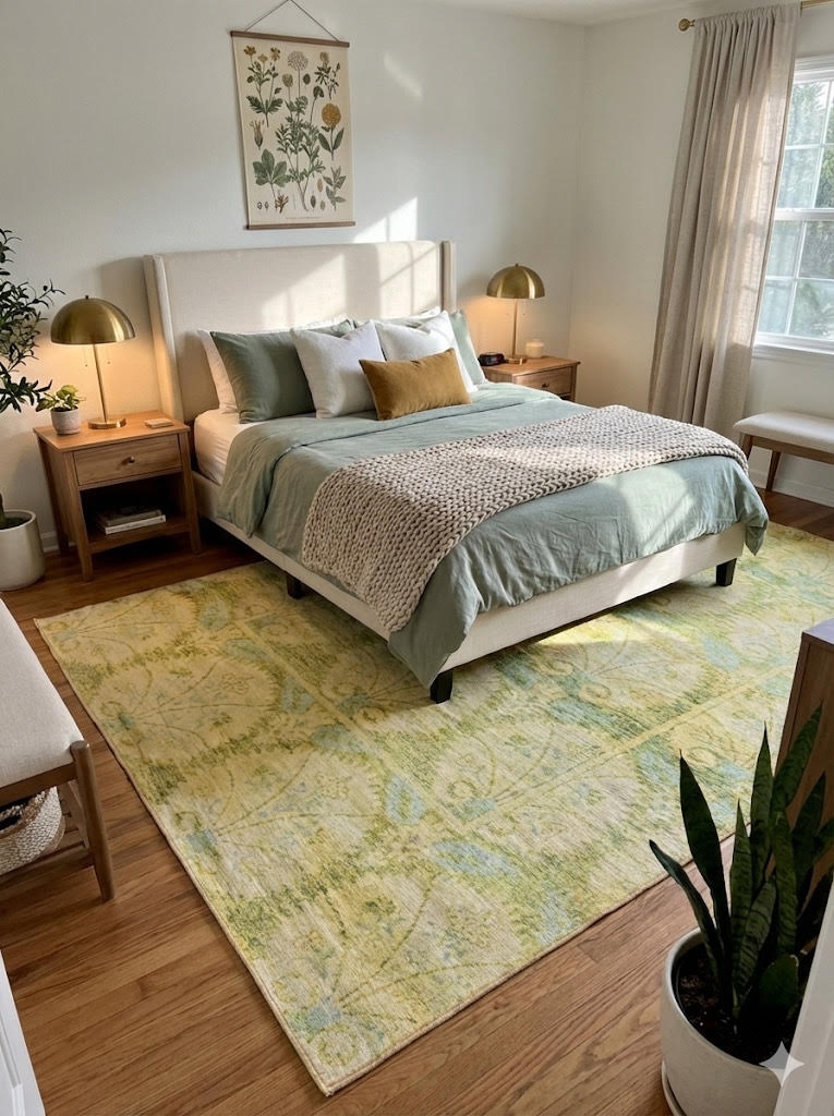 6' x 9' Green Yellow Floral Traditional Washable Non Slip Backing Area Rug