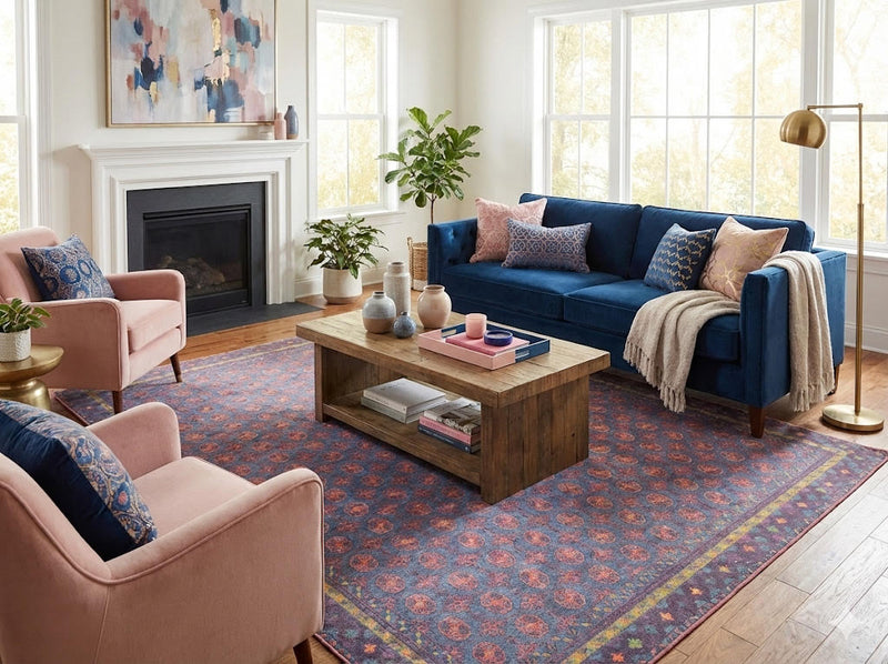 8' x 10' Blue Red Traditional Vintage Floral Persian Style Washable Non Slip Backing Area Rug