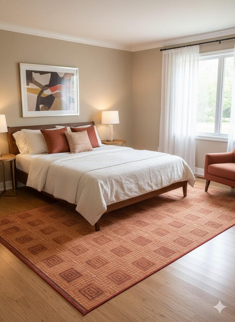 5' x 8' Terracotta / Rust Burnt Orange Washable Geometric Textured Area Rug