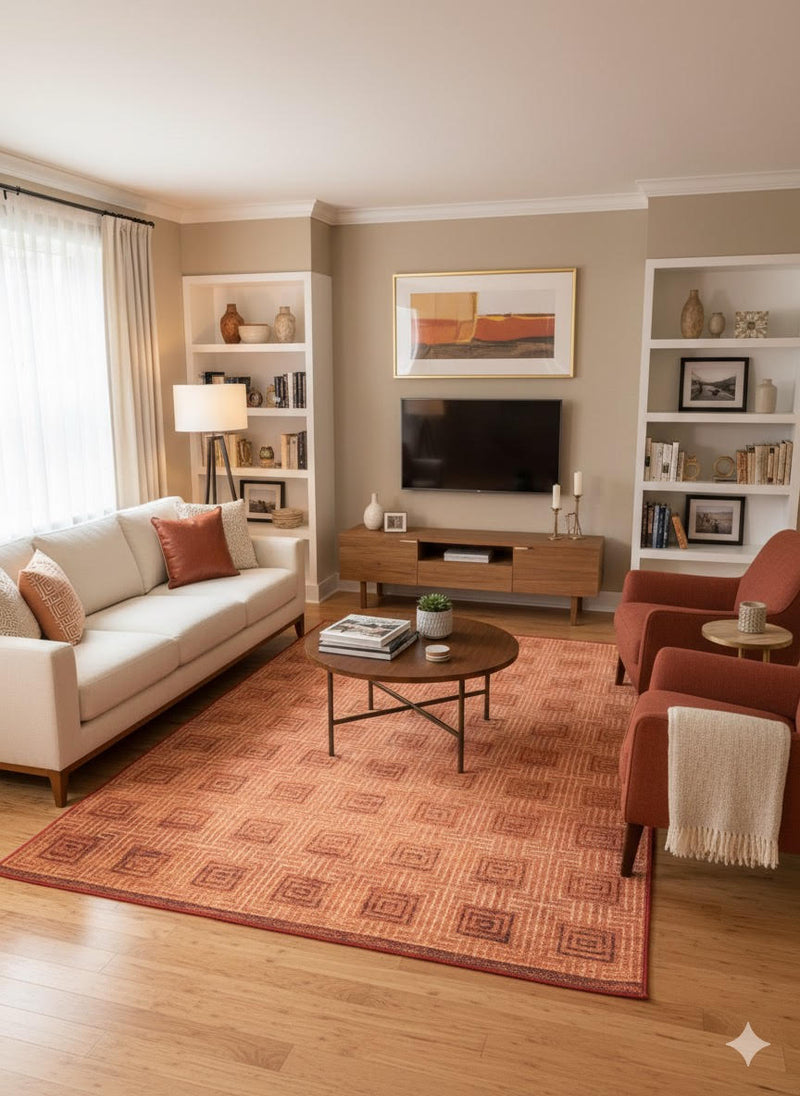 5' x 8' Terracotta / Rust Burnt Orange Washable Geometric Textured Area Rug