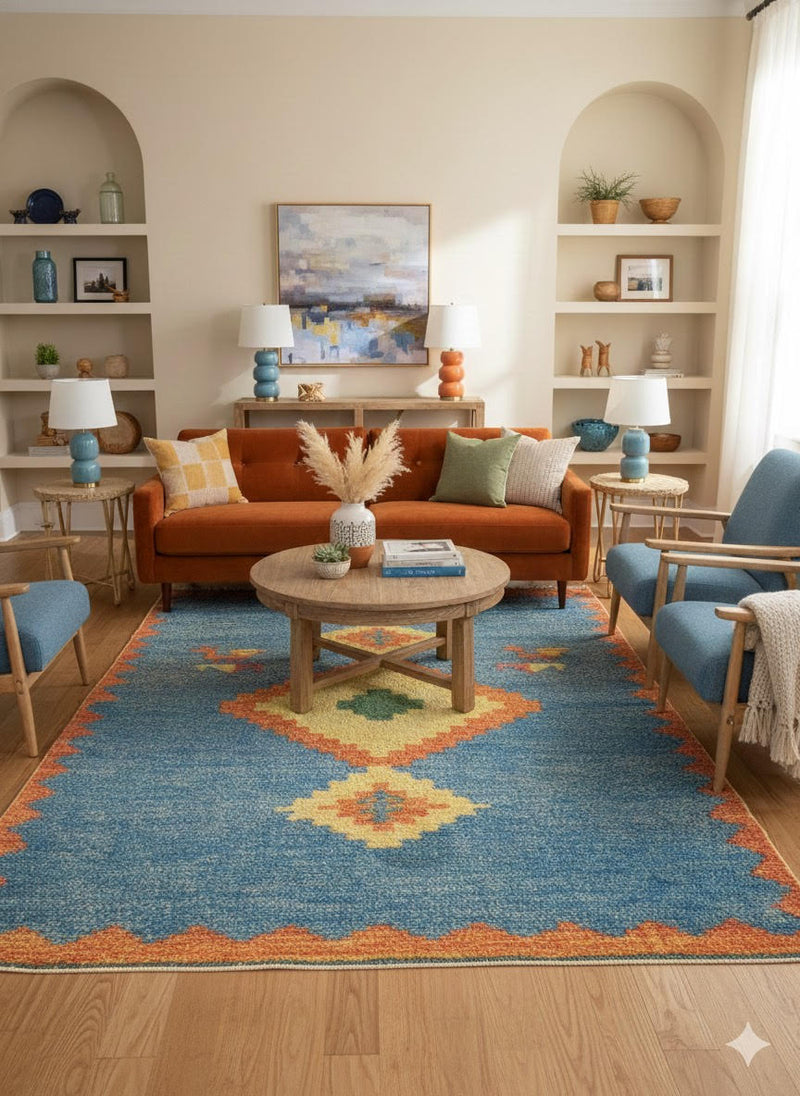 8' x 12' Blue Terracotta Orange Washable Southwestern Geometric Area Rug