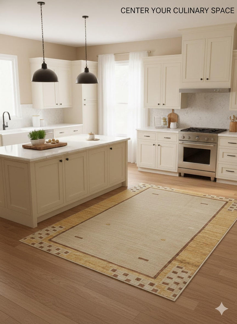 6' x 6' Square Warm Beige Honey Gold Washable Geometric Border Area Rug