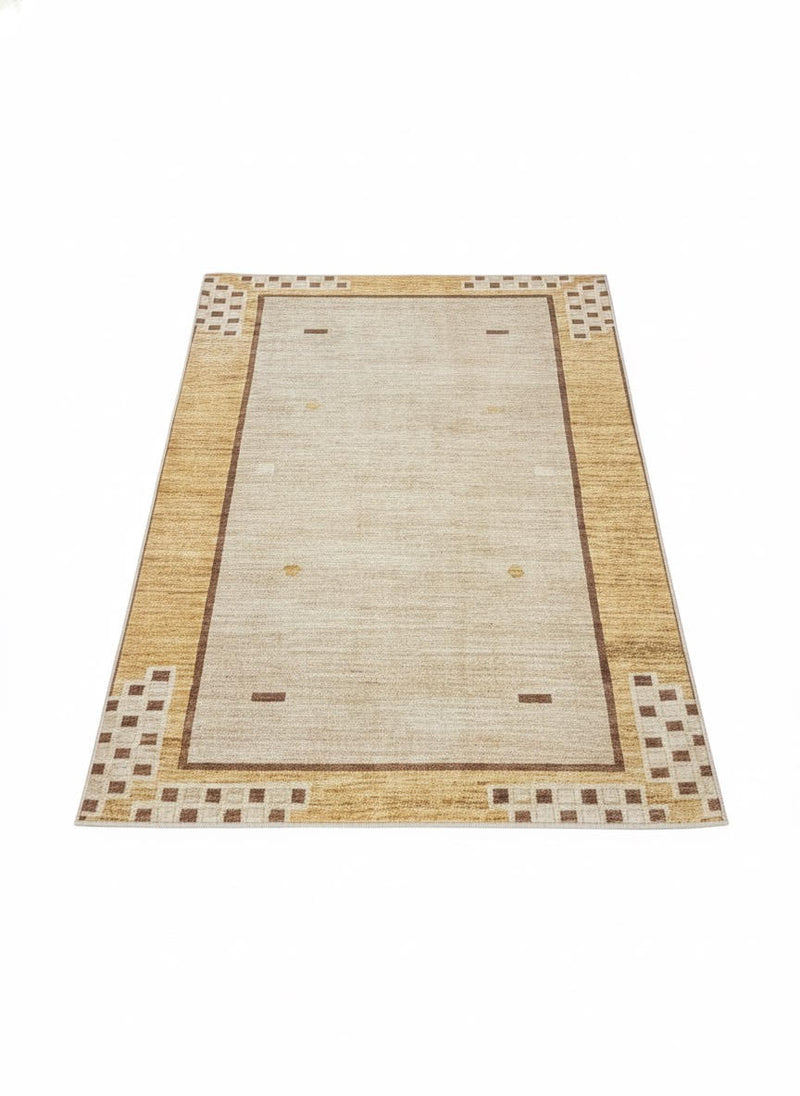 6' x 6' Square Warm Beige Honey Gold Washable Geometric Border Area Rug