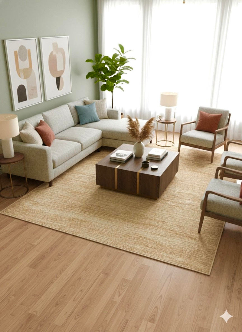 8' x 8' Square Natural Wheat Warm Beige (tonal variation) Washable Solid Textured Area Rug