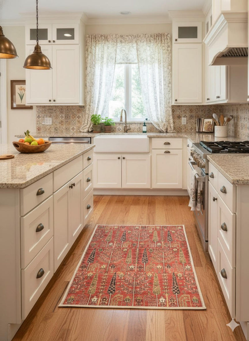 2' x 3' Rustic Red Beige Washable Traditional Tree Motif Kitchen Accent Rug