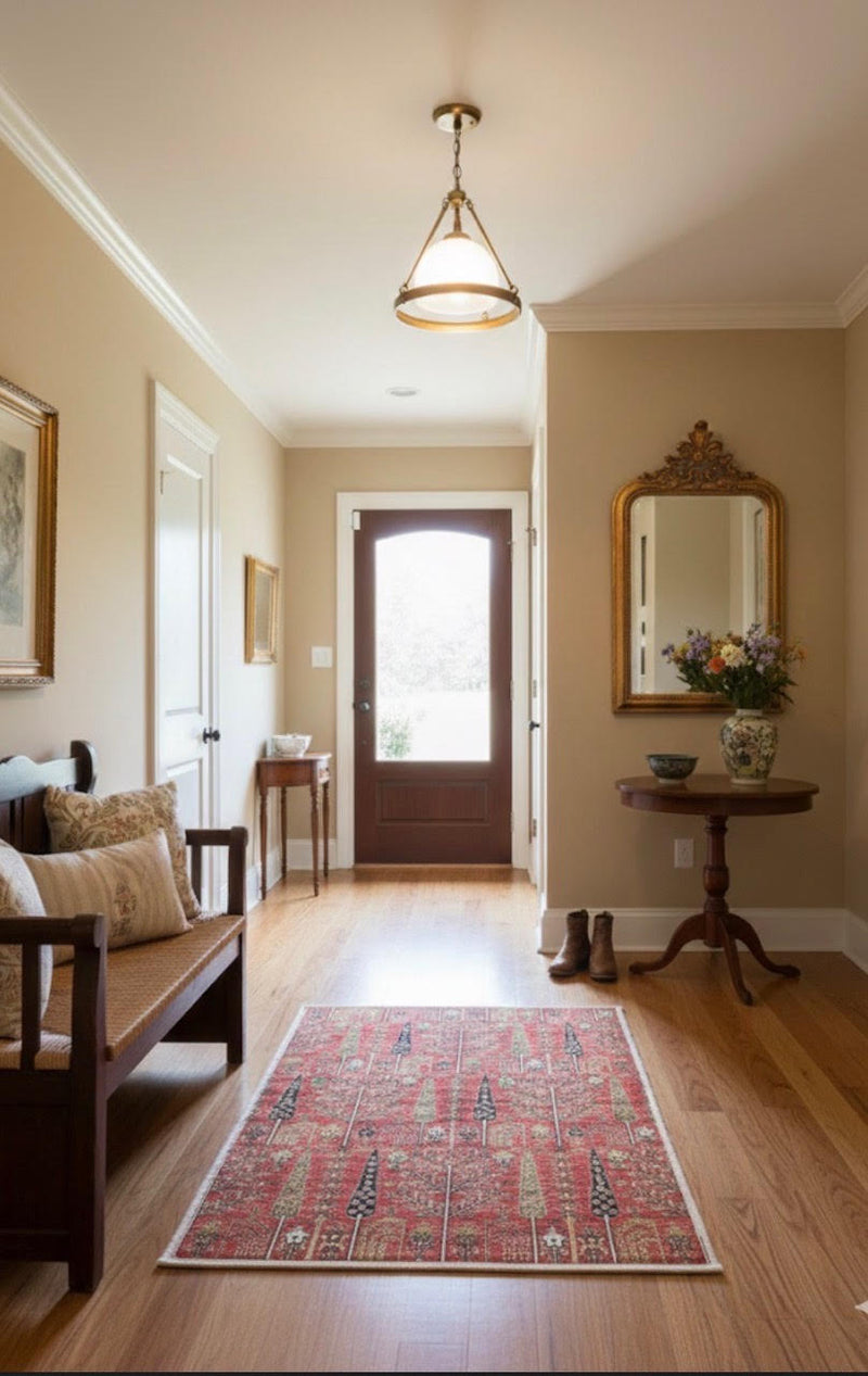 2' x 3' Rustic Red Beige Washable Traditional Tree Motif Kitchen Accent Rug