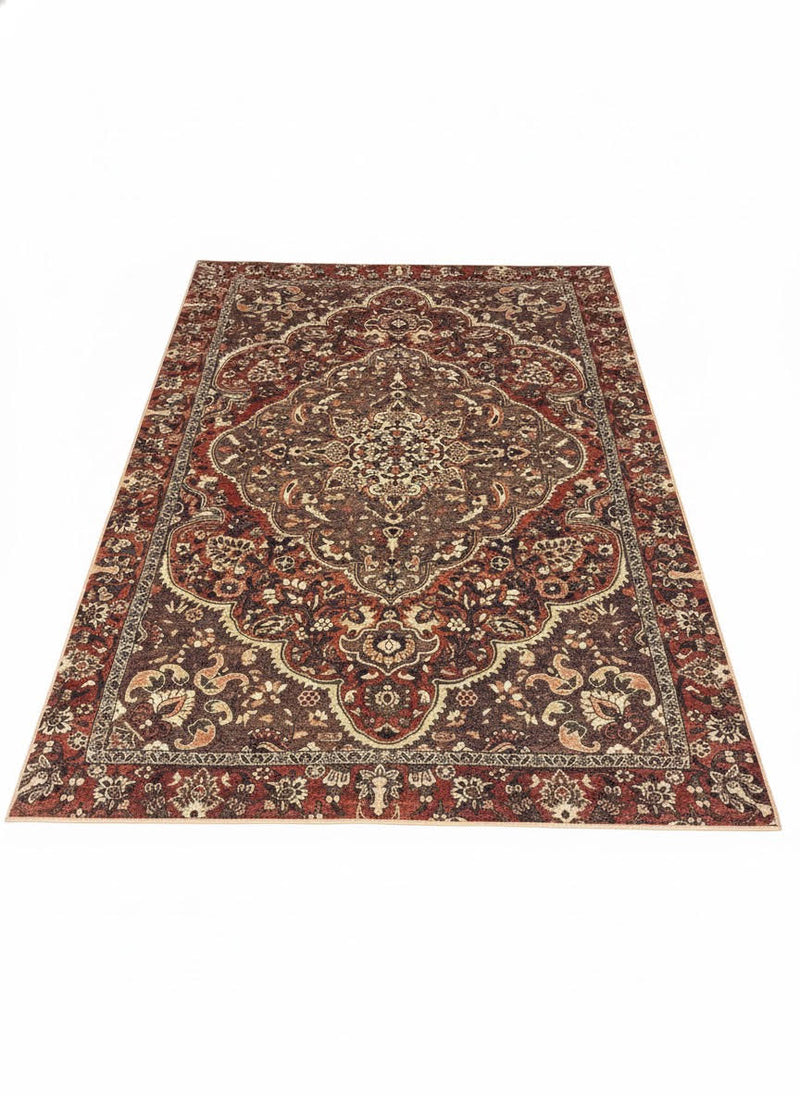 7' x 9' Burgundy Brown Ivory Washable Traditional Medallion Area Rug