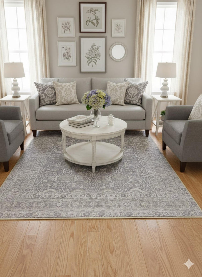 5' x 8' Soft Gray Muted Charcoal Washable Distressed Medallion Area Rug