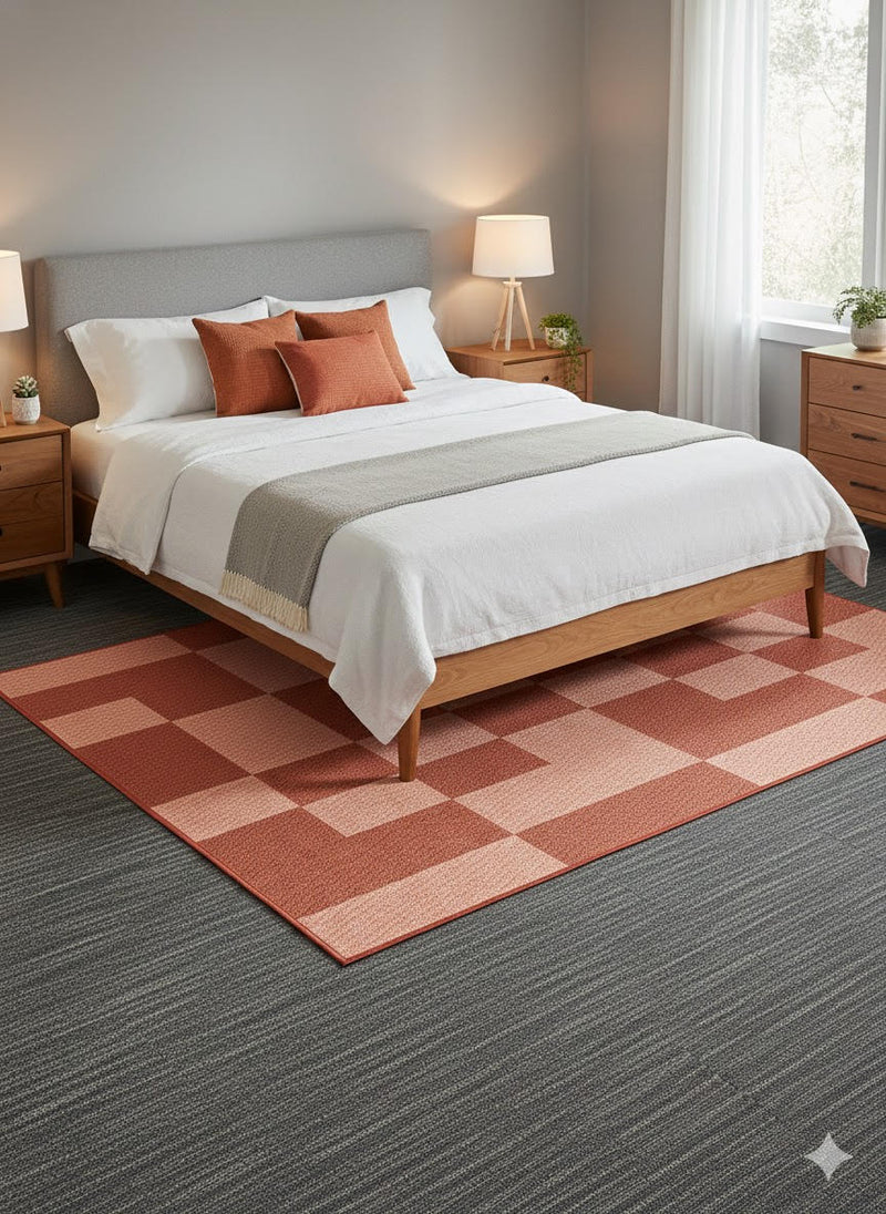 5' x 7' Terracotta Clay, Soft Blush, Warm Rust Washable Checkered Area Rug